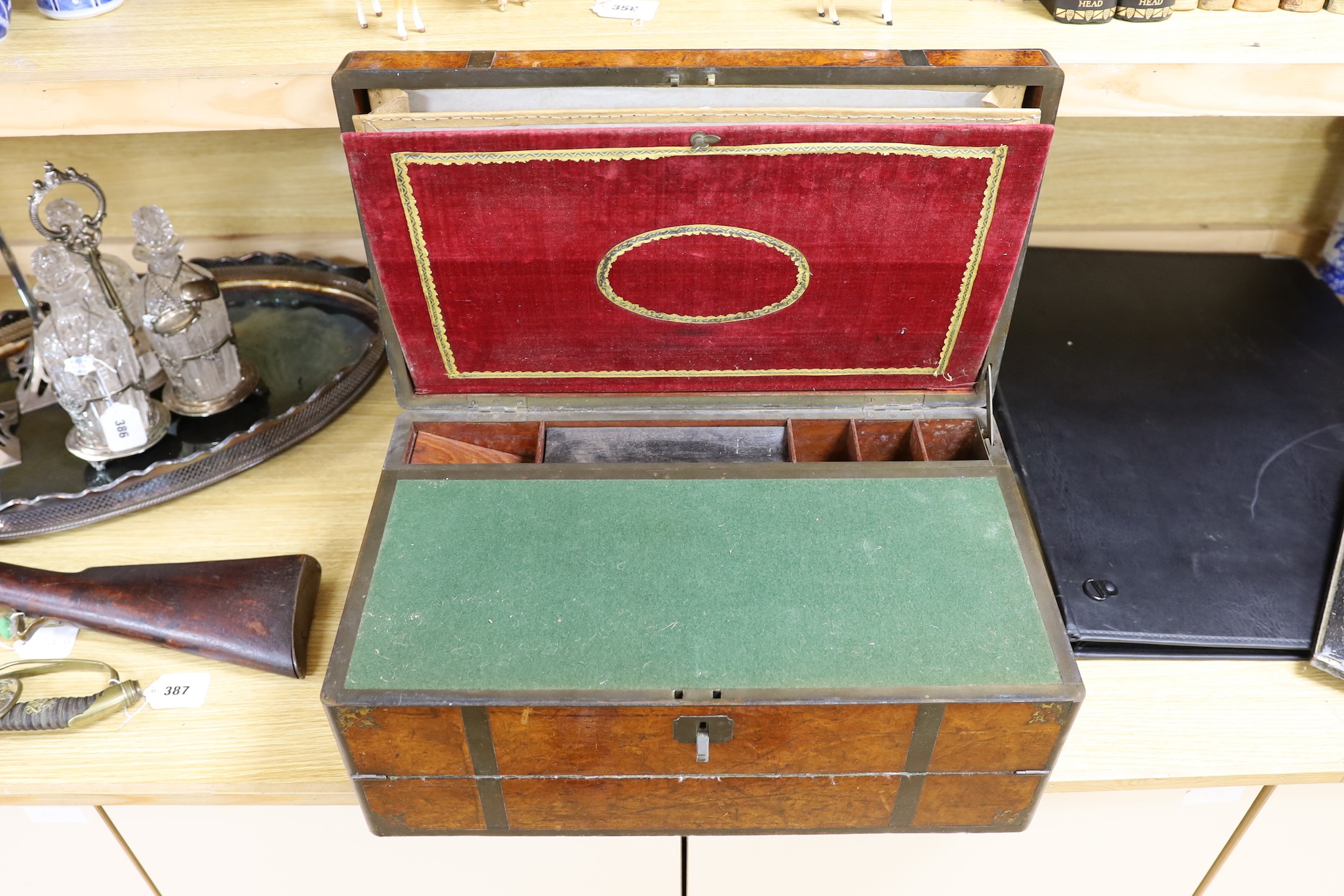 A rare large 19th century Chinese export amboyna veneered brass bound camphorwood and huanghuali writing slope, with green baize and red velvet lining,. 53cm wide